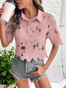SHEIN LUNE 女士镂空设计短袖单排扣时尚衬衫 - 粉色 - 查看 4