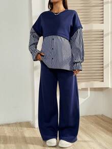 SHEIN 2件套孕妇条纹印花圆领长袖上衣和阔腿裤套装 - 藏蓝色 - 查看 6