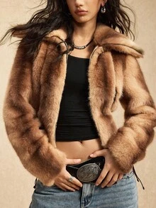 Easelle Vintage Nomadic Waist Zip Collar PU Patchwork Faux Fur Jacket For Women Autumn Winter Clothes For Women - Multicolor - View 1