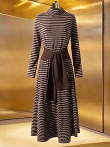Franclia Elegant Turtleneck Striped Knit Dress, Fashionable For Autumn/Winter - Coffee - View 3