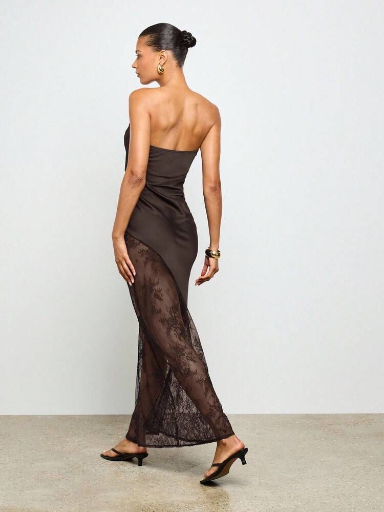 AiiRZ Elegant Maxi Evening Gown Strapless Floor Length Fitted Party Dress With Sheer Lace Insert Wedding Reception Guest Dinner Glamour