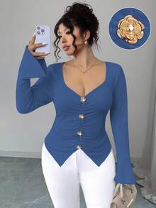 Elenzga Plus Size V-Neck Metal Button Flare Sleeve Fitted T-Shirt - Dusty Blue - View 3