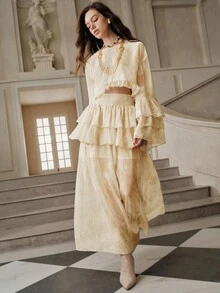 Anewsta Savoree 2件套荷叶边下摆优雅A字裙套装，春秋 - 杏色 - 查看 6
