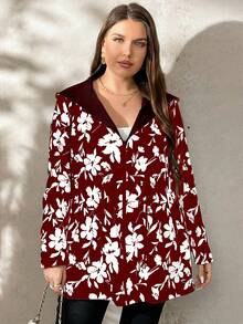 SHEIN Clasi Reversible Plus Size Jacket, One Side Printed Black & White, One Side Solid Color, Suitable For Autumn/Winter - Burgundy - View 5