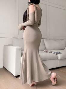 Feyla Women's Asymmetrical Shoulder Bowknot Waist Fishtail Hem Slimming Elegant Sweater Dress - Khaki - View 6