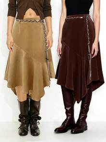 INAWLY 2件套女士西式复古不对称下摆半身裙套装（含腰绳） - 彩色 - 查看 4