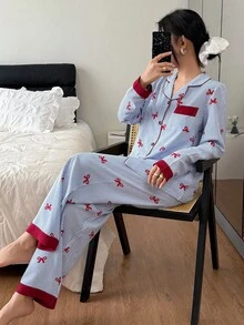 Women's Striped Bow Print Long Sleeve Top And Pants Pajama Set, Cute And Fresh, Suitable For Spring/Autumn Holidays Striped Pajamas Pajama With Bow, Fall Winter Clothes Bow Print Pajamas