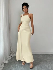 Rafferiza 女式纯色简约日常褶皱腰珠饰肩部紧身连衣裙 - 杏色 - 查看 3