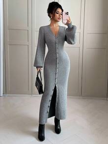 Siren Gaze 合身纽扣前开襟毛衣裙，V 领设计，独特灯笼袖，灰色 - 灰色 - 查看 3