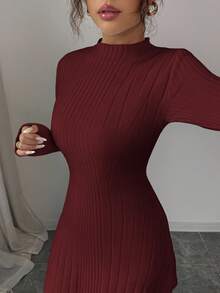 Elenzga 女式罗纹高领长袖紧身 A 字连衣裙，修身收腰 - 酒紅色 - 查看 6