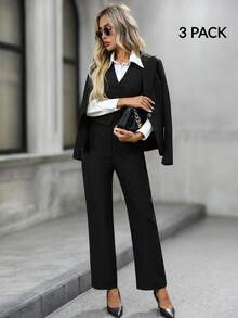 EMERY ROSE Bộ đồ vest, áo vest và quần dài đơn sắc cài khuy đơn giản dành cho nữ mùa thu đông - màu đen - Xem 3