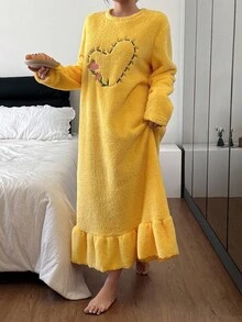 SHEIN Váy ngủ nữ thường ngày thêu hoa cúc và trái tim, viền xếp nếp sang trọng, váy ngủ Moo Moo màu vàng mềm mại, mùa đông, ấm áp - Màu vàng - Xem 2