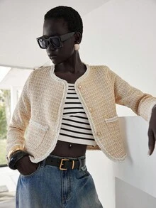 Lumivelle Light Yellow Fabric Patchwork Ribbon Short Jacket - Light Yellow - View 5