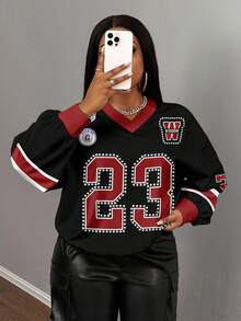 Slaydiva 2025 Autumn/Winter Casual Minimalist Jersey Design Sweatshirt, Number 23 Rhinestone-Effect Contrast Trim V-Neck Loose Fit Hoodie, Black