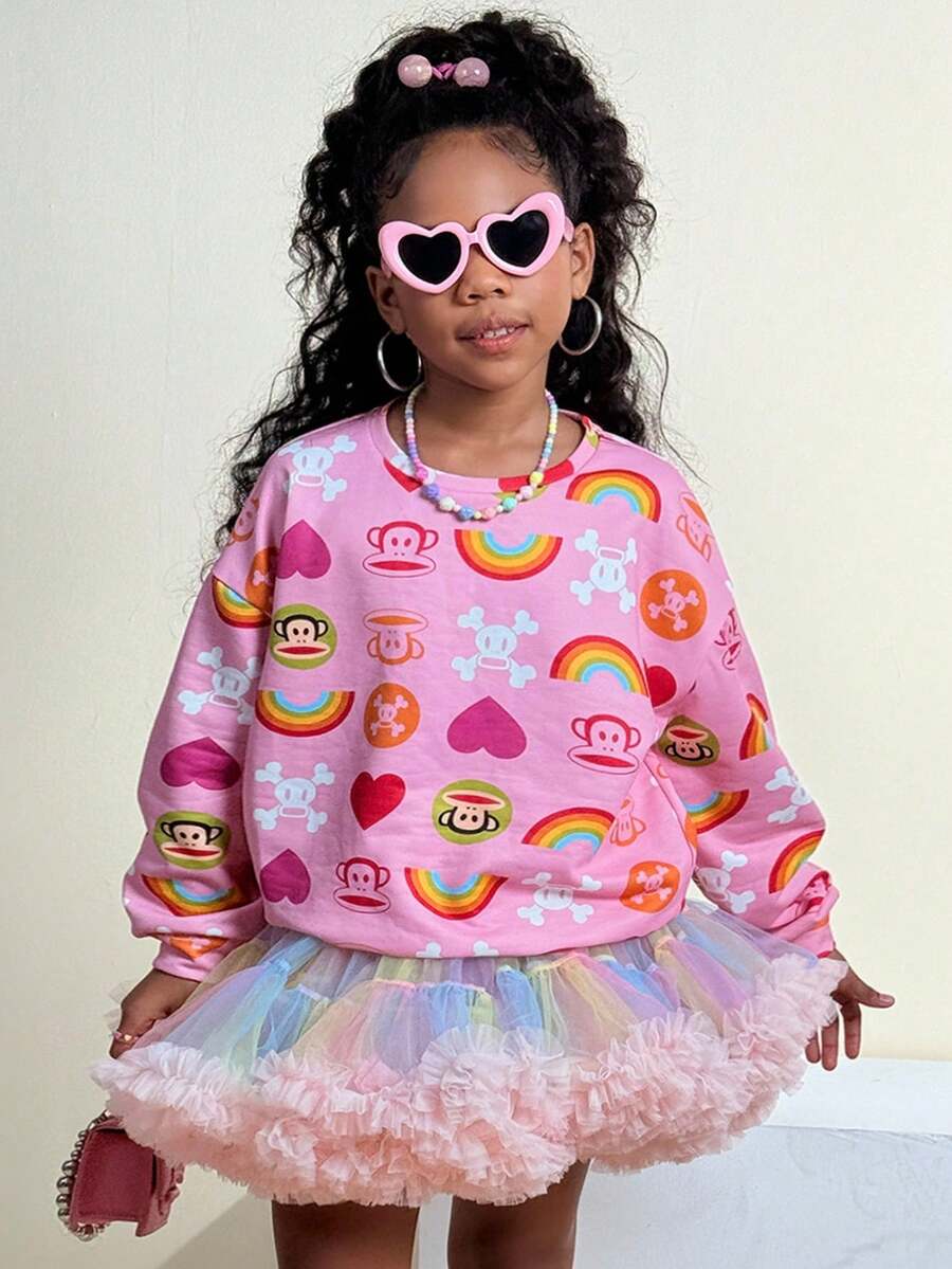 Paul Frank X SHEIN Tween Girls Four Seasons Cartoon Pattern Round Neck Sweatshirt Fall Winter - Pink - View 1