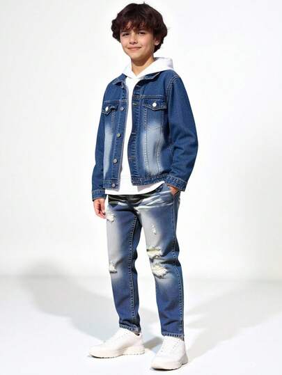 SHEIN Explorewe Tween Boys Denim Two Pieces Outfits, Mid-Blue Denim Color, Collegiate Style, Streetwear, Outdoor, Also Versatile Fashion Pieces, Distressed & Crinkle Design, Comfortable Cotton, Suitable For Daily Wear, School, Commute, Gathering, Travel, Back To School Season, New Autumn Collection