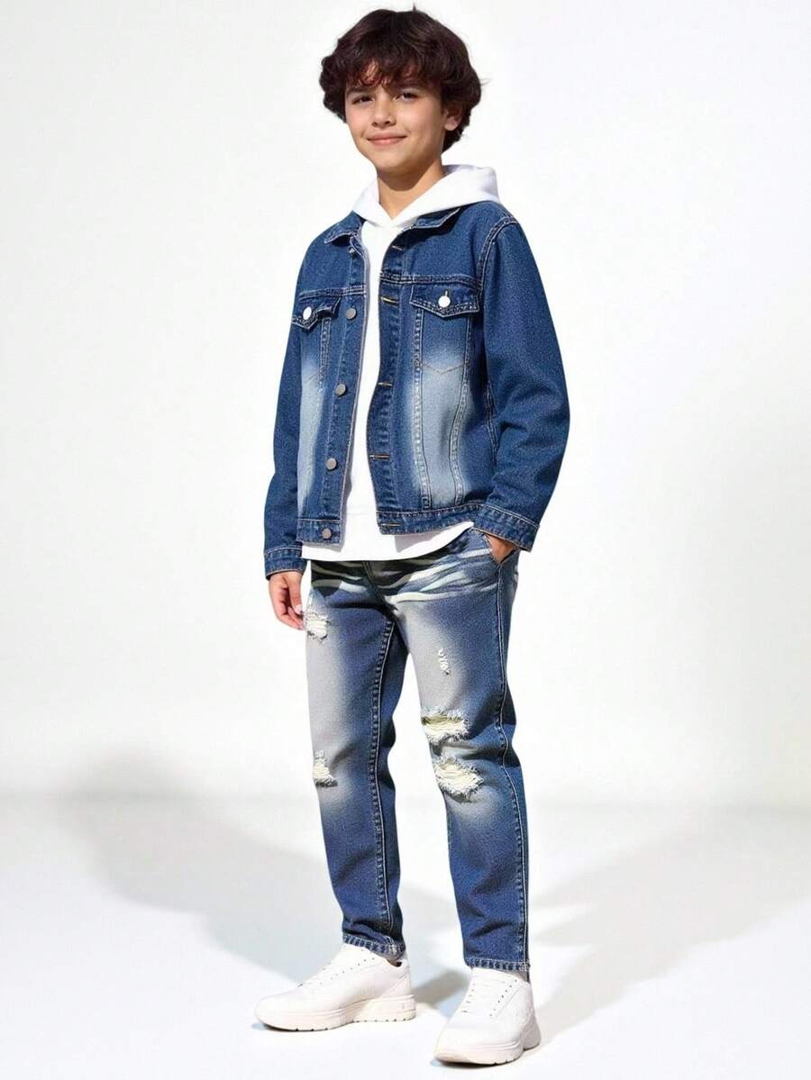 SHEIN Explorewe Tween Boys Denim Two Pieces Outfits, Mid-Blue Denim Color, Collegiate Style, Streetwear, Outdoor, Also Versatile Fashion Pieces, Distressed & Crinkle Design, Comfortable Cotton, Suitable For Daily Wear, School, Commute, Gathering, Travel, Back To School Season, New Autumn Collection