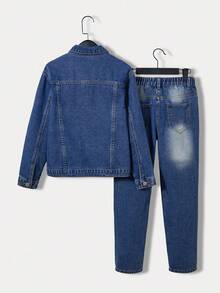 SHEIN Explorewe Tween Boys Denim Two Pieces Outfits, Mid-Blue Denim Color, Collegiate Style, Streetwear, Outdoor, Also Versatile Fashion Pieces, Distressed & Crinkle Design, Comfortable Cotton, Suitable For Daily Wear, School, Commute, Gathering, Travel, Back To School Season, New Autumn Collection