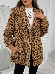 EMERY ROSE 女士豹纹长袖羊羔绒连帽外套，常规版型，秋冬季女式猎豹纹仿毛皮外套，动物纹外出装 - 彩色 - 查看 5