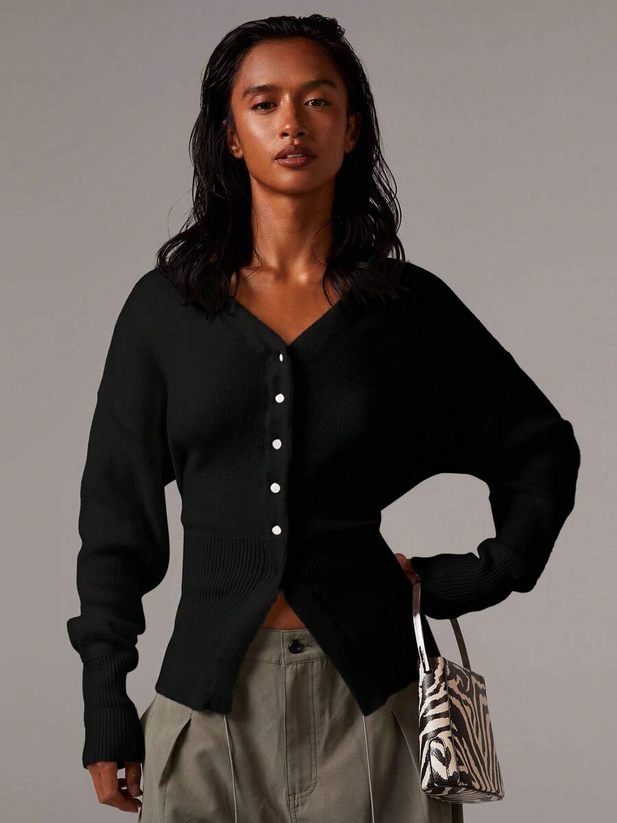 Athîral 女士高级束腰针织开衫 - 黑色 - 查看 1