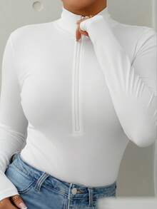 SAYEHFBABY Women Bodysuits Zip Plain Casual - Putih - View 3