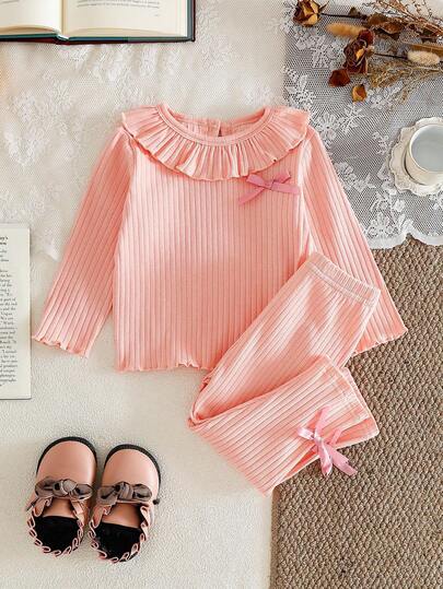 SHEIN 2pcs/Set Baby Girls Autumn/Winter Clothes Outfit, Back To School, 3 Months - 3 Years Old, Pink Casual Cute Bow Decor Elastic Ribbed Crew Neck Long Sleeve Top And Elastic Waist Leggings, Comfortable And Soft, Suitable For Outings And Home, Can Be Used As A Gift