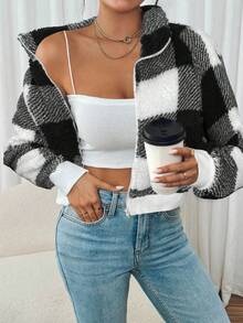 SHEIN Frenchy Áo khoác ấm kẻ sọc thường ngày cho nữ, Thu/Đông - Đen và trắng - Xem 4