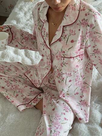 CottageSlumber Floral Print Contrast Piping PJ Set Light Pink Pajama Set Pink Floral Pajama Set Floral Pj Set Vintage Pajama Set , Fall Winter Clothes