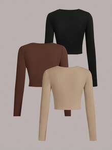 SHEIN EZwear Bộ 3 áo thun nữ cổ tròn tay dài họa tiết tối giản, giản dị, thời trang thu đông - Nhiều màu - Xem 2