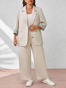 SHEIN Tall CURVE 大码休闲通勤夹克和裤子套装 - 卡其色 - 查看 5