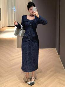 DAZY 女士优雅粗花呢翻盖细节长裙，秋季舞会礼服