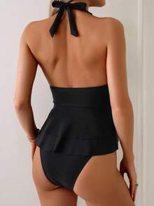 Swim Basics Women's Neck Tied Layered Ruffle Hem Tankini Top For Summer Beach Vacation - Black - View 2