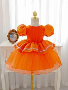 SHEIN Glamorique Kids 女婴橙色荷叶边泡泡袖派对连衣裙，适合圣诞节、生日、婚礼、节日等场合 - 橘色 - 查看 2
