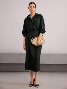 Heiryn Women's Elegant Commuter Solid Color Textured 2 Pieces Set - Dark Green - View 1