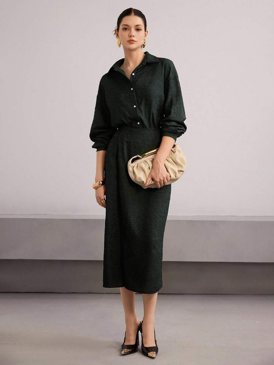 Heiryn Women's Elegant Commuter Solid Color Textured 2 Pieces Set - Dark Green - View 1