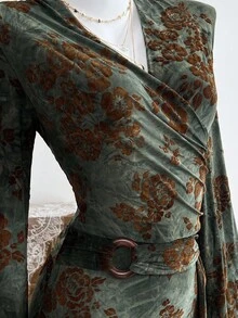 Elamini 女式植绒复古绿色喇叭长袖美人鱼连衣裙 - 軍綠色 - 查看 4