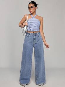 SHEIN PETITE Women's Casual Everyday Commute Versatile Loose Wide-Leg Jeans - Light Wash - View 5