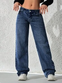 SHEIN ICON Women's Pocket Loose Wide Leg Casual Versatile Jeans - Dark Wash - View 3