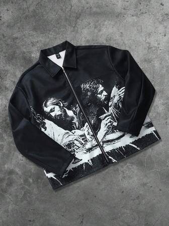 Street Life Men's Vintage Religious Portrait Print Jacket, Suitable For Autumn/Winter