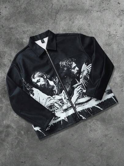 Street Life Men's Vintage Religious Portrait Print Jacket, Suitable For Autumn/Winter