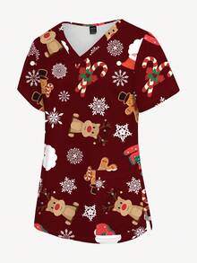 PopScrub 女士时尚 V 领短袖磨砂上衣，卡通驯鹿、雪花、圣诞树和圣诞老人全身印花，圣诞主题 - 彩色 - 查看 3