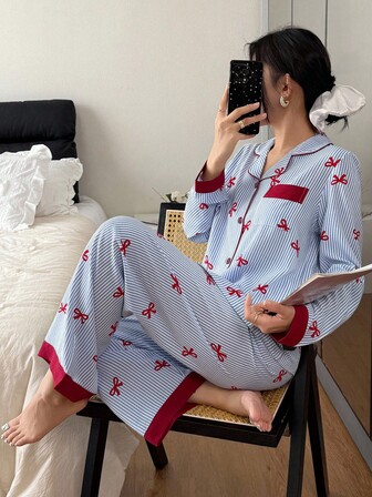 Women's Striped Bow Print Long Sleeve Top And Pants Pajama Set, Cute And Fresh, Suitable For Spring/Autumn Holidays Striped Pajamas Pajama With Bow, Fall Winter Clothes Bow Print Pajamas