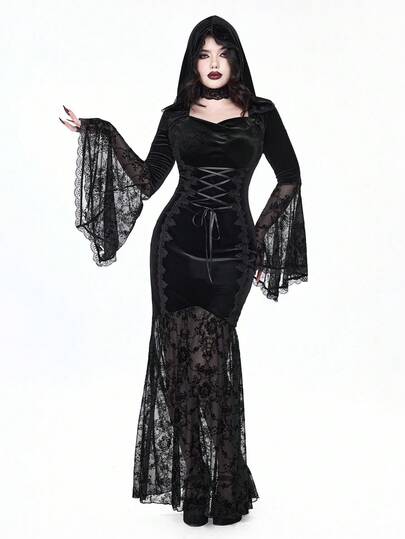 Goth Gothic Vintage Vampire Hooded Flare Sleeve Velvet Patchwork Lace Dress