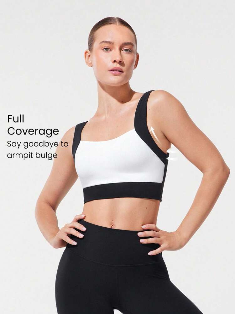 FeatherFit™ Soutien-gorge de sport deux tons à encolure en cœur, avec coupe ample, coupe-sueur, extensible et doux comme du beurre. Coques amovibles. Idéal pour le yoga, le pilates, le studio et le port quotidien décontracté.