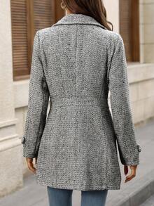 EMERY ROSE Abrigo grueso de espiga de alta gama con cintura ceñida y solapa única para mujer en otoño/invierno - Blanco y Negro - Ver 2