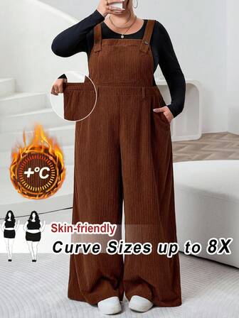 SHEIN CURVE+ 大码女式棕色罗纹面料连体裤，秋冬