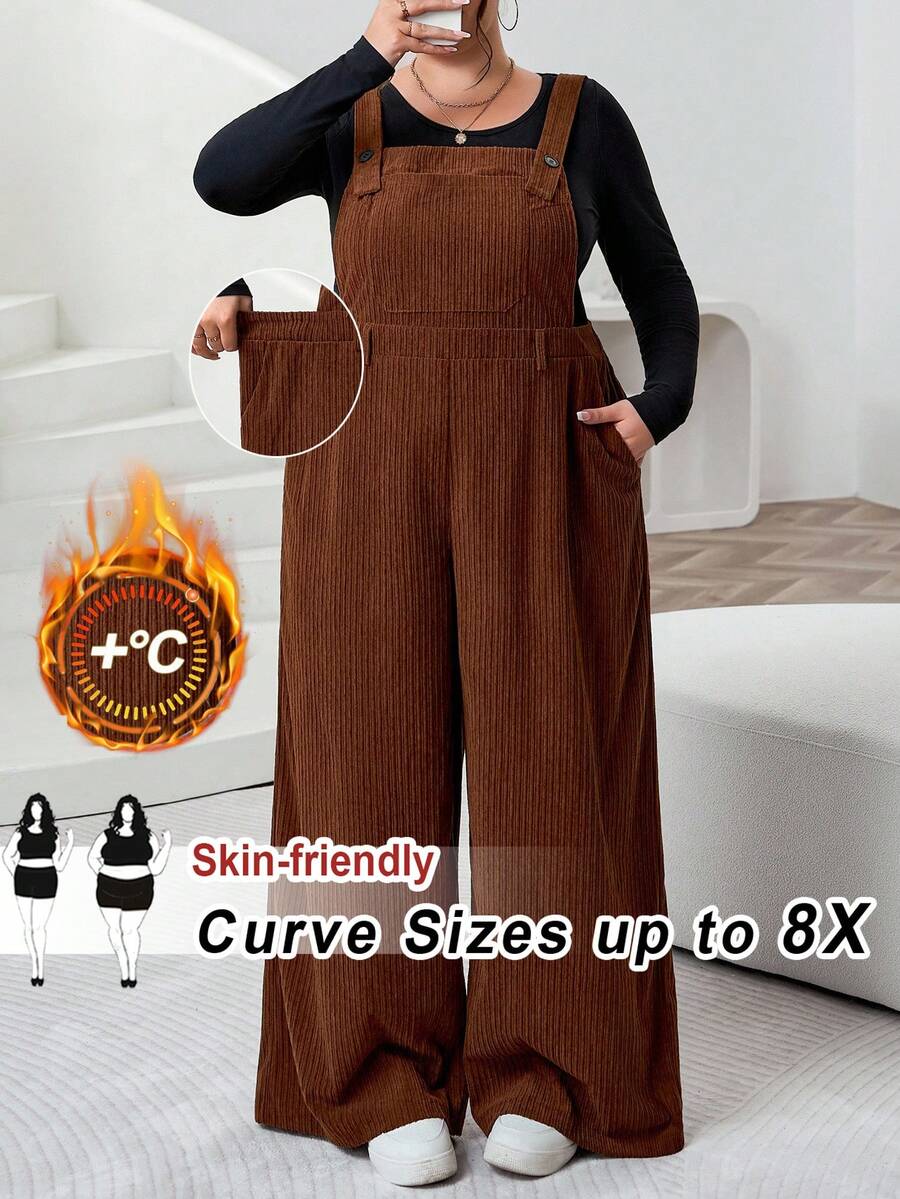 SHEIN CURVE+ Plus Size Women Brown Ribbed Fabric Jumpsuit, Autumn/Winter