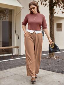 Calvaya Plus Size Fashion Commuter Colorblock Asymmetric Waistband Design Pants - Khaki - View 4