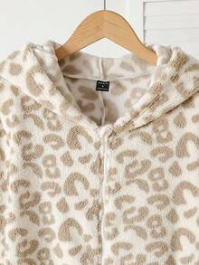 女士豹纹长袖连帽连体衣，带3D耳朵设计，毛茸茸的，冬季款 - 米色 - 查看 3