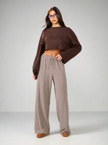 MISSGUIDED 宽袖短款休闲上衣秋季家居服宽松休闲落肩棉混纺舒适冬季休闲服 - 棕色 - 查看 3